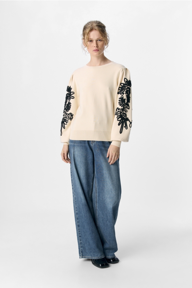 OBJJOANA L/S KNIT PULLOVER NOOS 23040087 Sandshell/Black tape